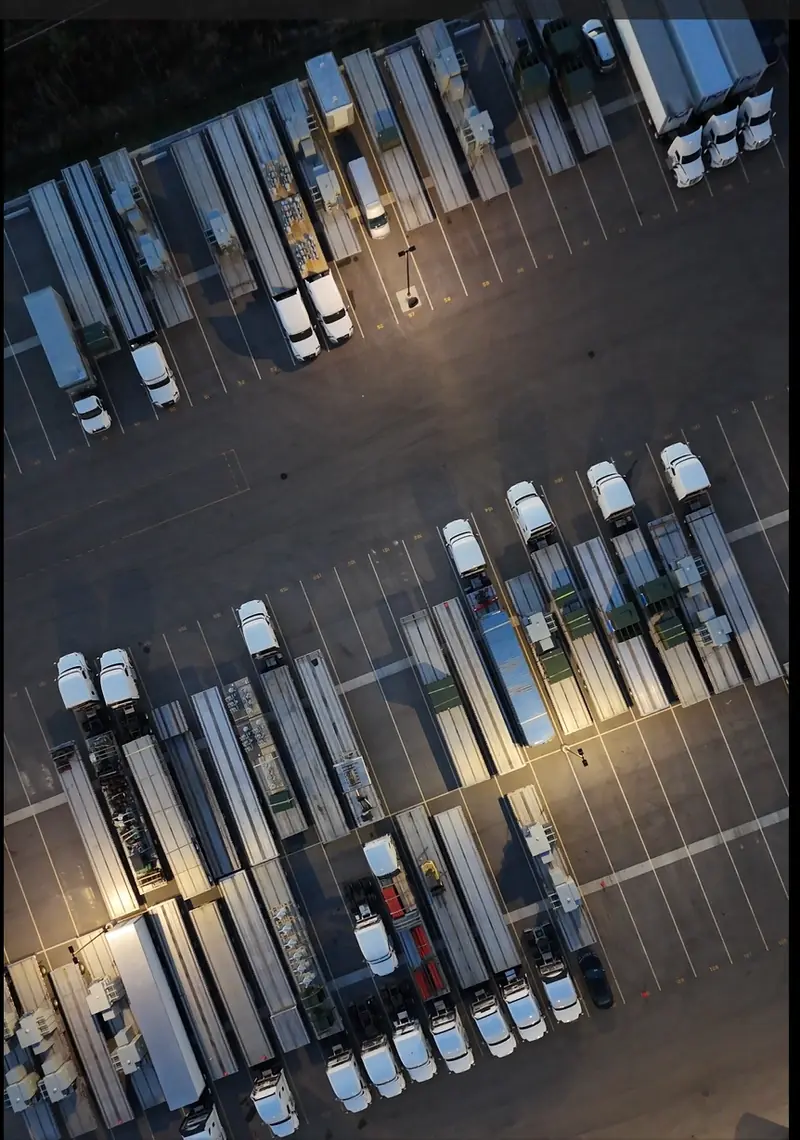 Aerial dusk view of trailers parked in rows at Zion Truck Parking with yard lighting coming on