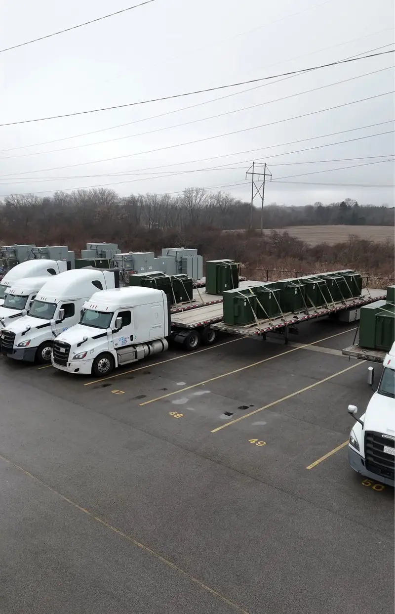 Truck entering the paved yard near the fenced perimeter and entrance area